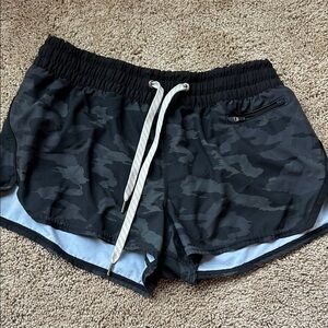Vuori Black Gray Camo Athletic Shorts with White Drawstring